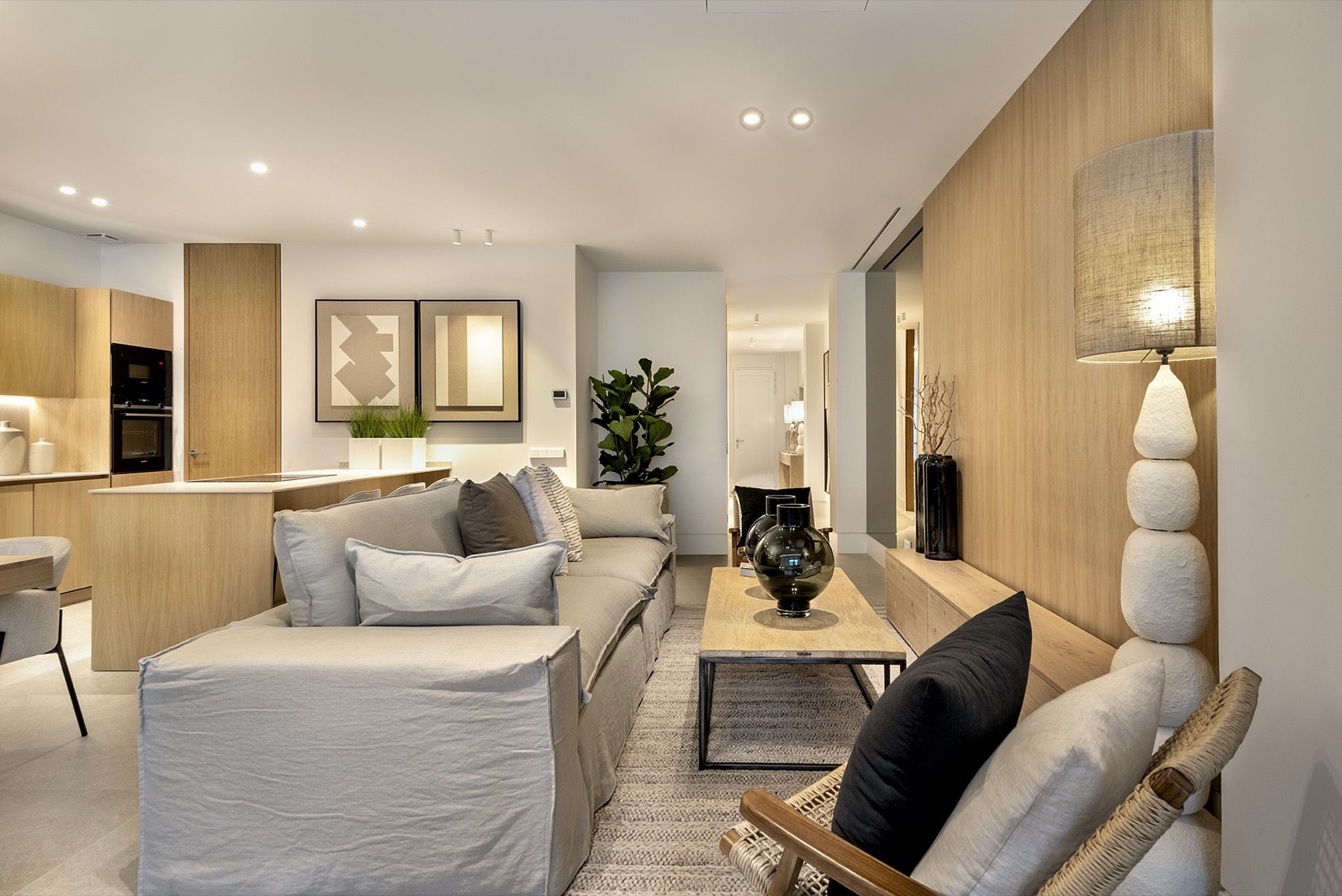 Living area with sofa and oak